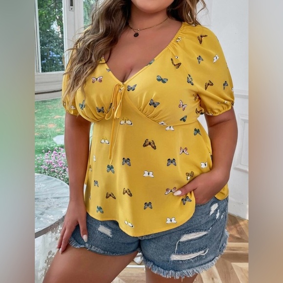 Shein Curve 4XL Yellow Butterfly Print Tie Front Puff Sleeve Peplum Blouse NWOT - Picture 4 of 10